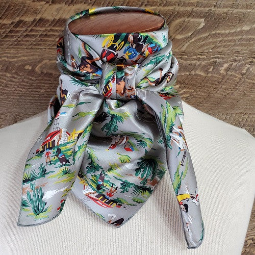 Retro Cowboy Charmeuse Silk Scarf - Grey