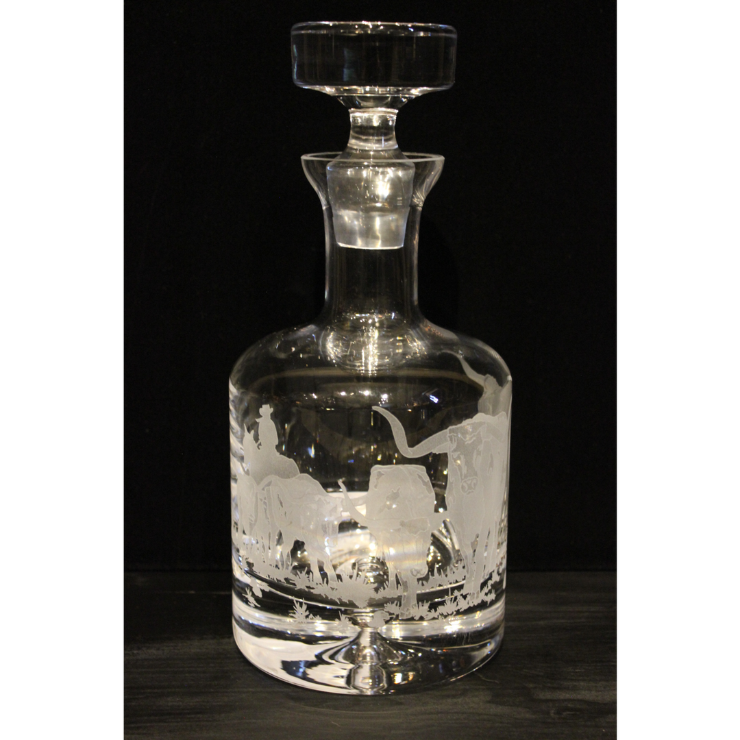 Etched Glass Decanter with Longhorn Scene