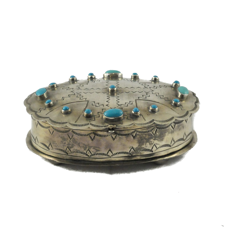 Oval Silver Stamped Box with Turquoise