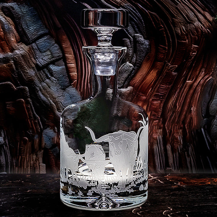 Etched Glass Decanter with Longhorn Scene