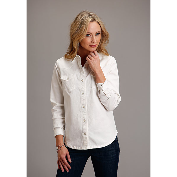 Ladies White Denim Western Snap Shirt with Embroidery