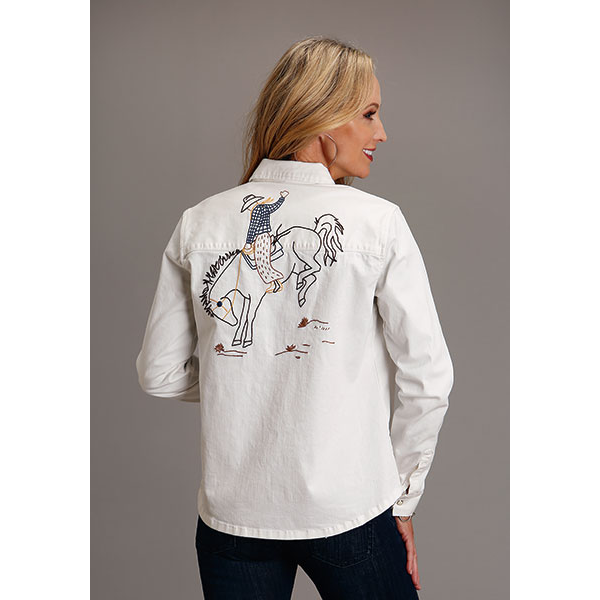 Ladies White Denim Western Snap Shirt with Embroidery
