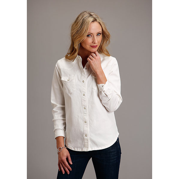 Ladies White Denim Western Snap Shirt with Embroidery Custom
