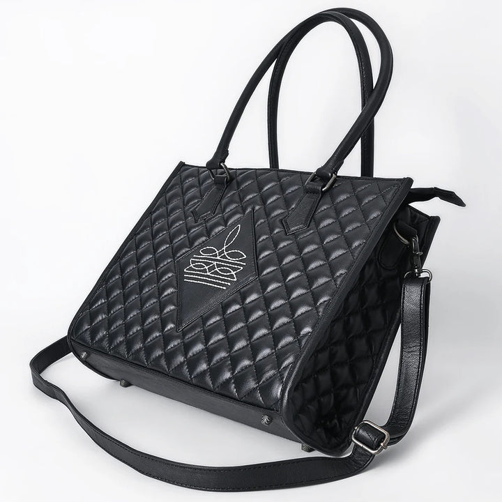 Quilted Black Leather Tote Bag with Toe Bug Stitching