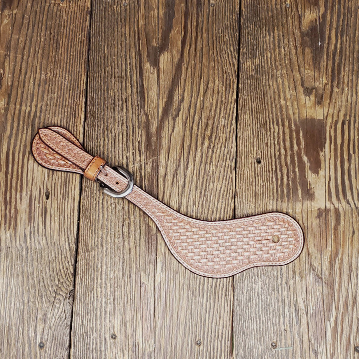 Basket Tooled Curved Spur Straps - Antique Finish