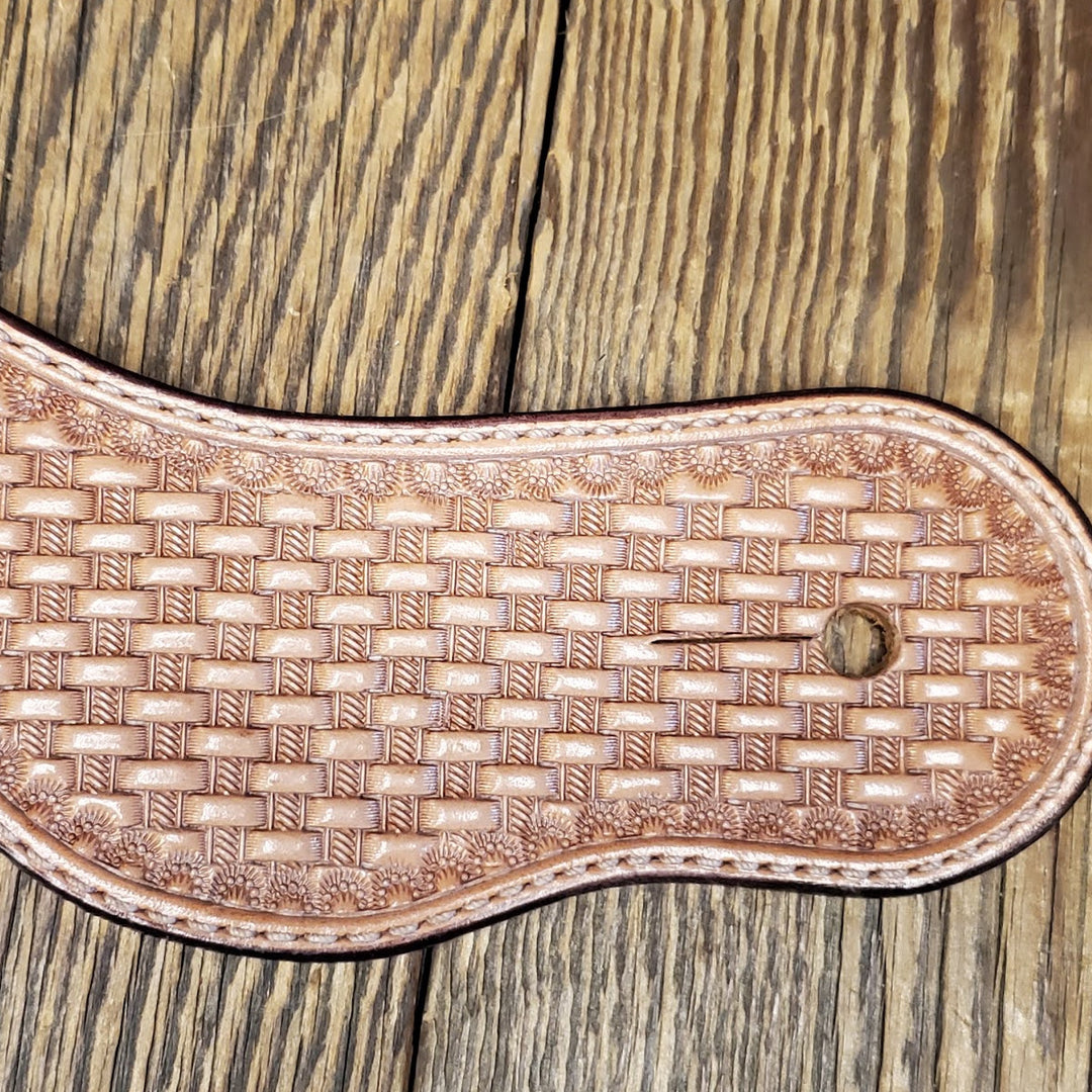 Basket Tooled Curved Spur Straps - Antique Finish