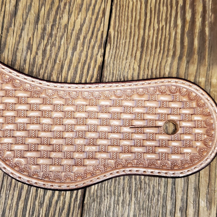 Basket Tooled Curved Spur Straps - Antique Finish