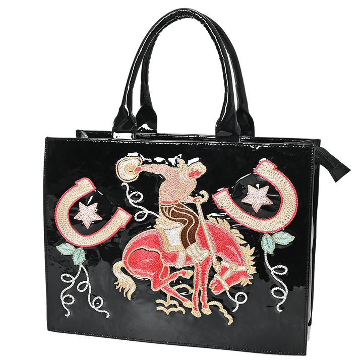 Black Patent Western Tote Bag - Rodeo Cowboy & Horseshoe Embroidered Design
