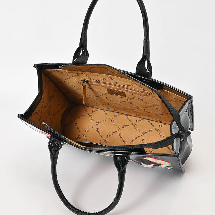 Black Patent Western Tote Bag - Rodeo Cowboy & Horseshoe Embroidered Design