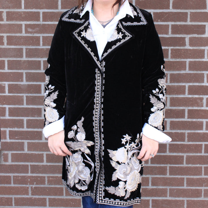 Velvet Coat with Embroidery - Black
