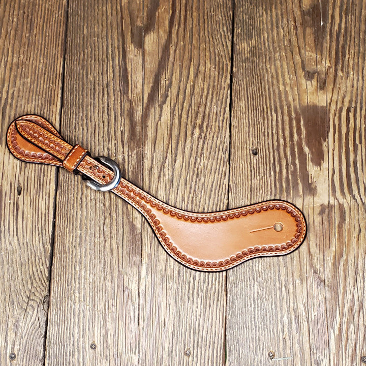 Russet border tooled leather spur straps
