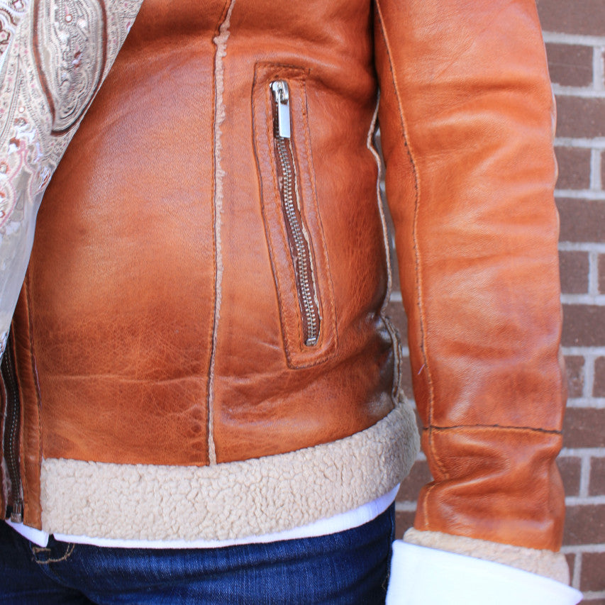 Callie Lambskin Shearling Trim Leather Jacket
