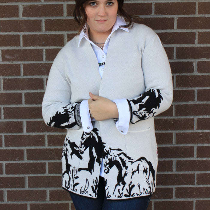 White Cardigan Sweater with Running Horses