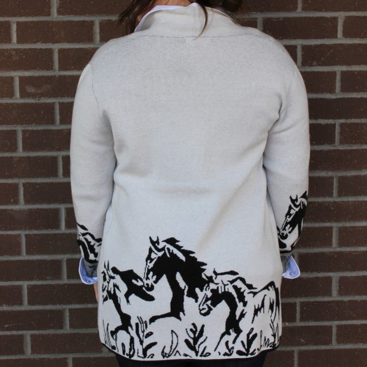 White Cardigan Sweater with Running Horses