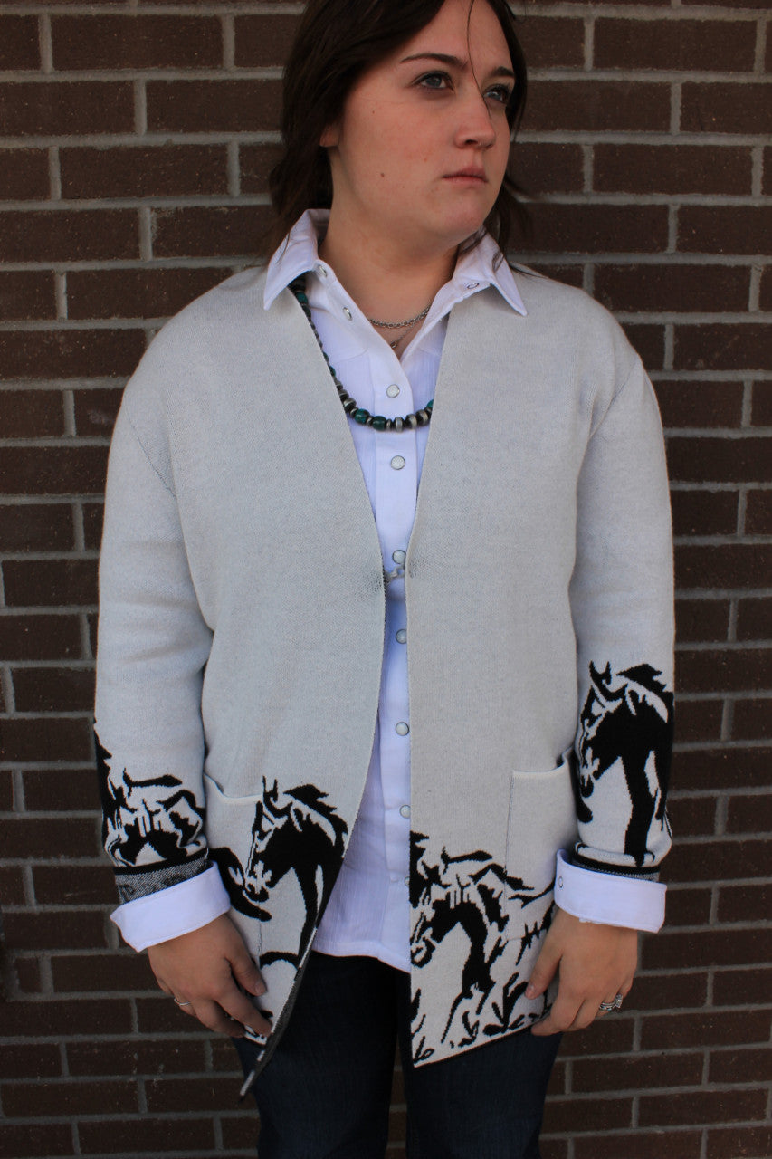 White Cardigan Sweater with Running Horses