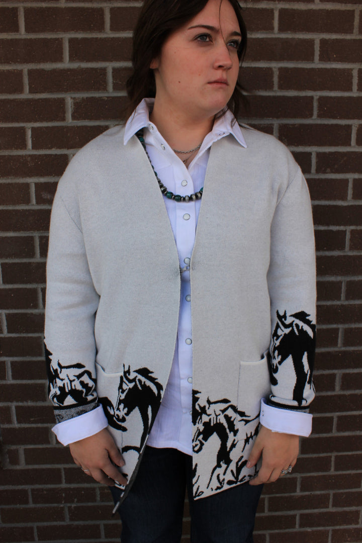 White Cardigan Sweater with Running Horses
