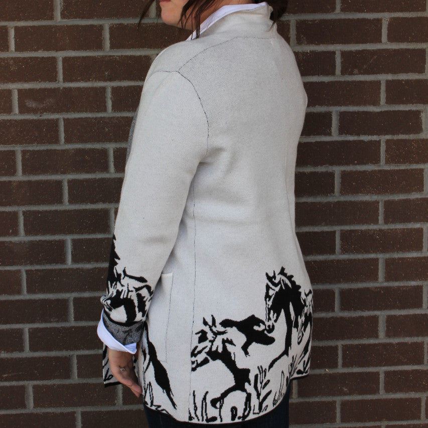 White Cardigan Sweater with Running Horses