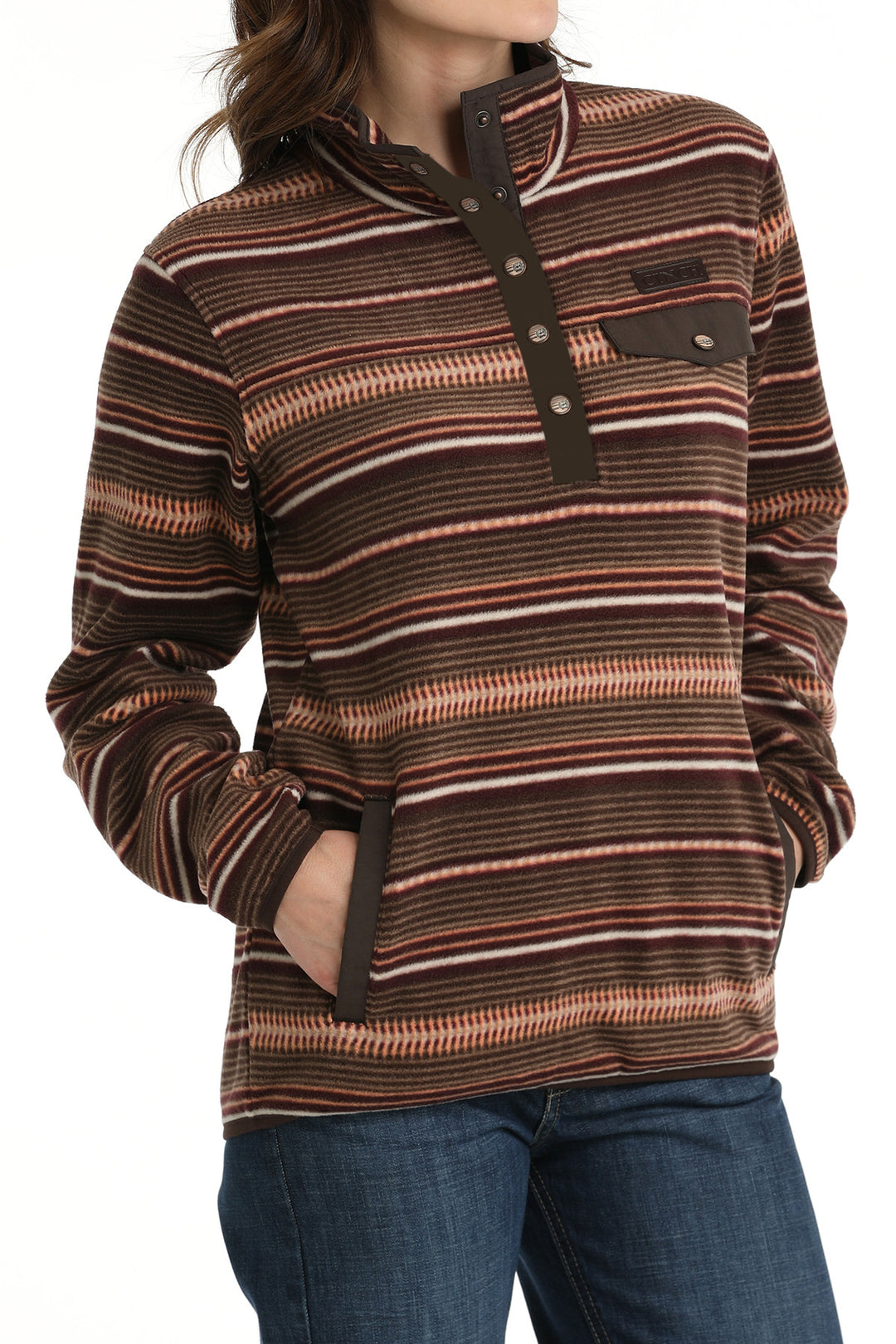 Women's Polar Fleece Pullover Jacket Brown Stripe