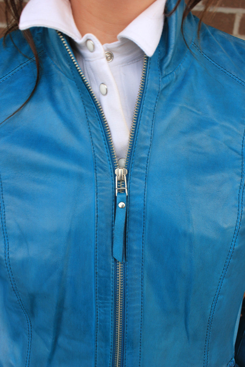 Zip Front Leather Jacket - Denim