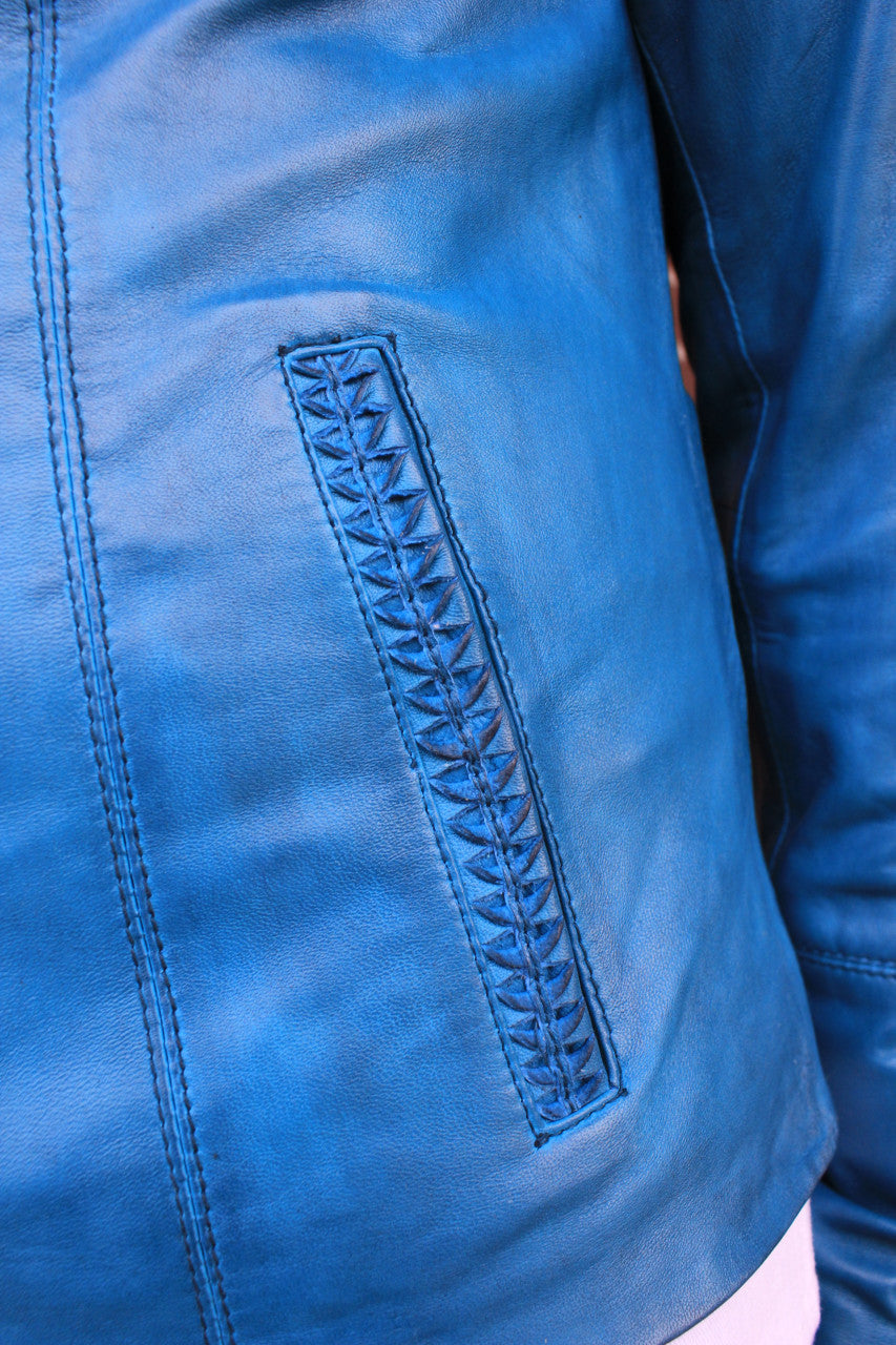 Zip Front Leather Jacket - Denim