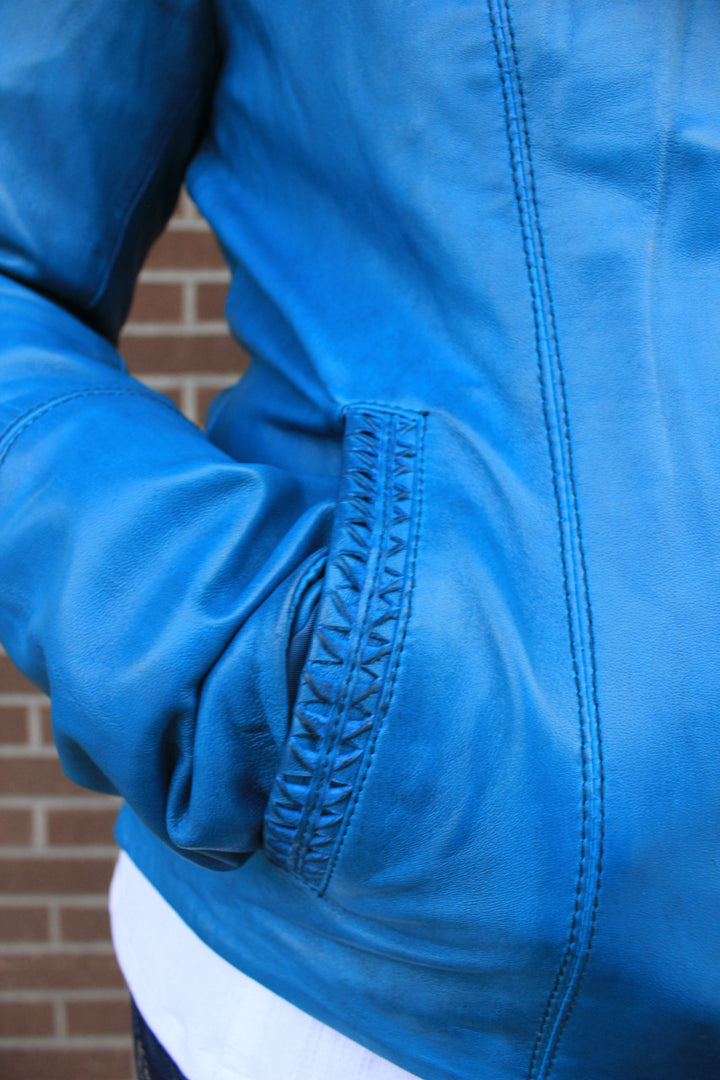 Zip Front Leather Jacket - Denim