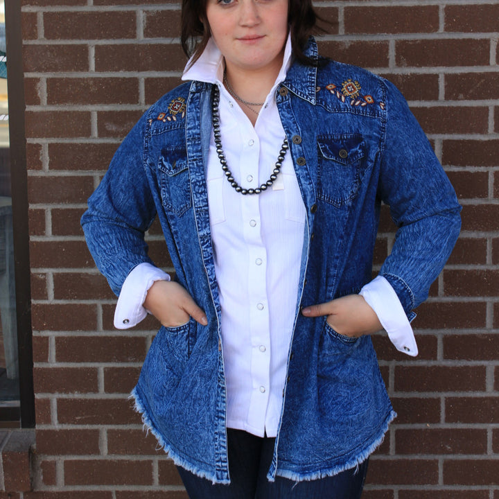 Acid Wash Embroidered Button Up Shirt Jacket