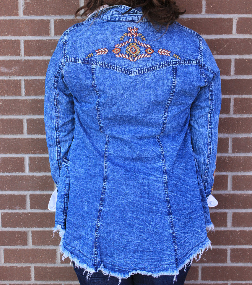 Acid Wash Embroidered Button Up Shirt Jacket