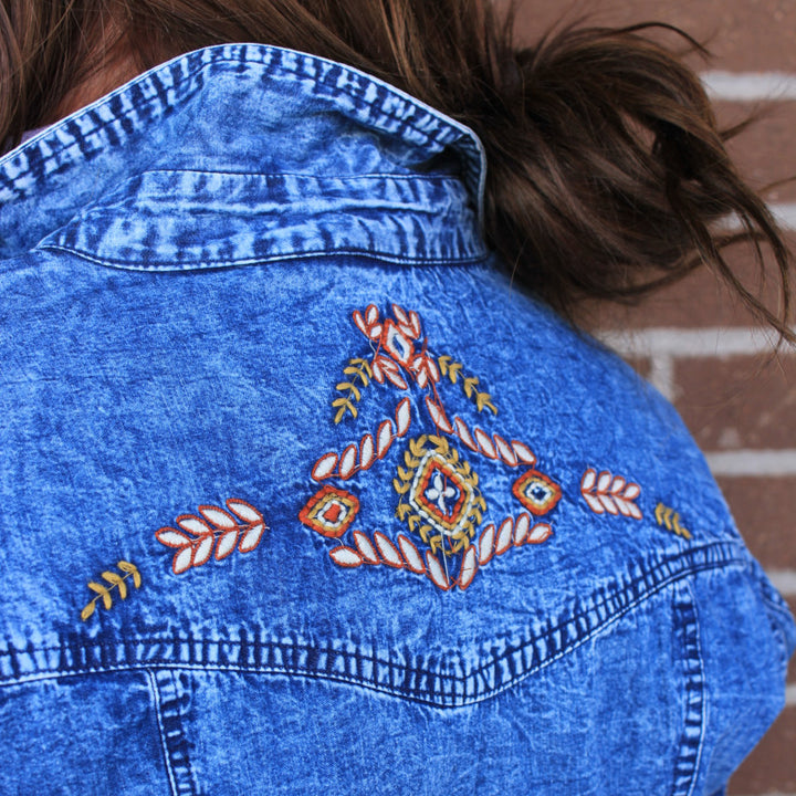 Acid Wash Embroidered Button Up Shirt Jacket