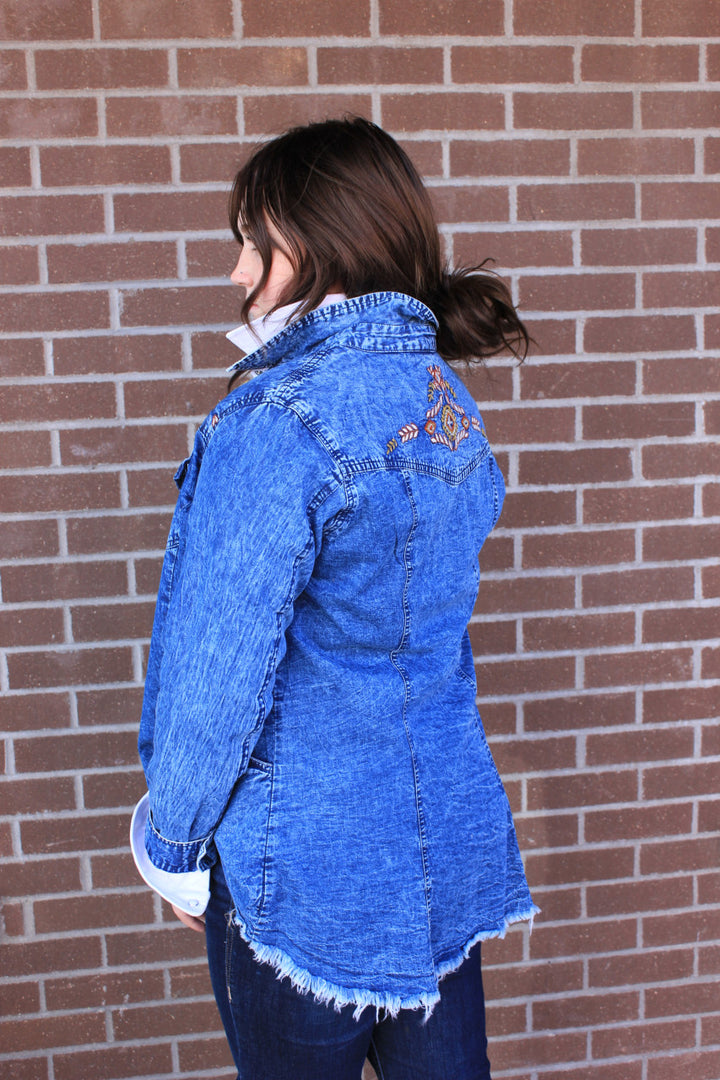 Acid Wash Embroidered Button Up Shirt Jacket
