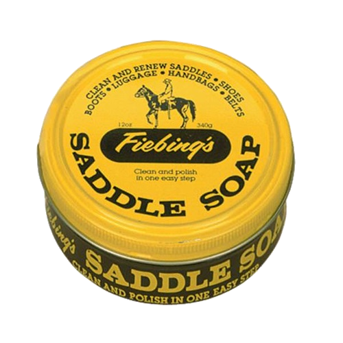 Fiebing's Saddle Soap container with yellow lid and black body on a white background