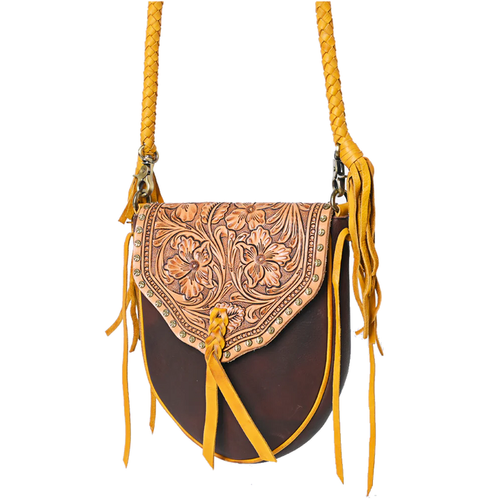 Leather Crossbody Bag with Tooled Flap - Chocolate