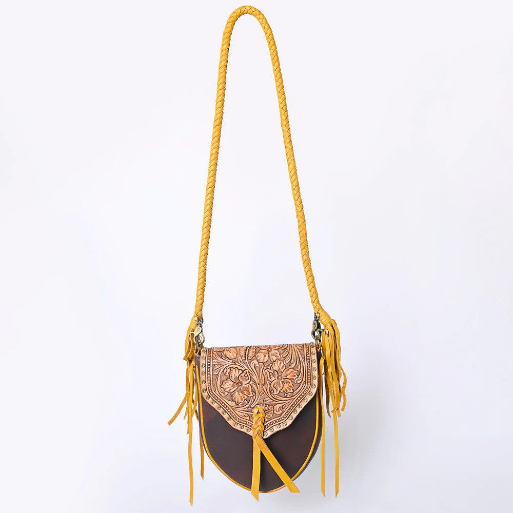 Leather Crossbody Bag with Tooled Flap - Chocolate