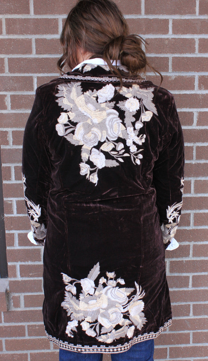 Velvet Coat with Embroidery - Coffee