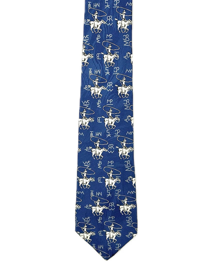 Western silk necktie with horse and roper pattern on a white background