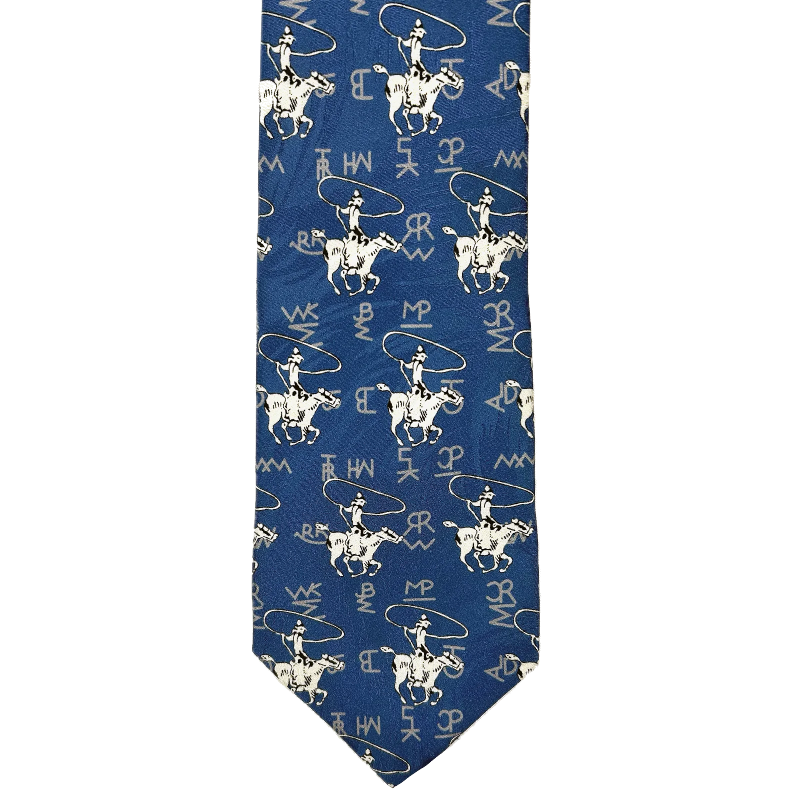 Blue Western Silk necktie with white patterns of a cowboy on horseback and text on a white background