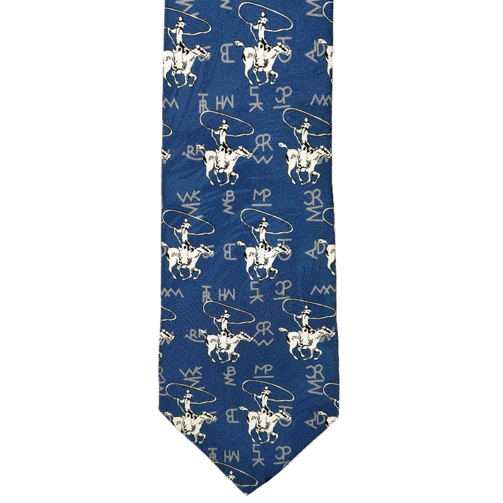 Blue Western Silk necktie with white patterns of a cowboy on horseback and text on a white background