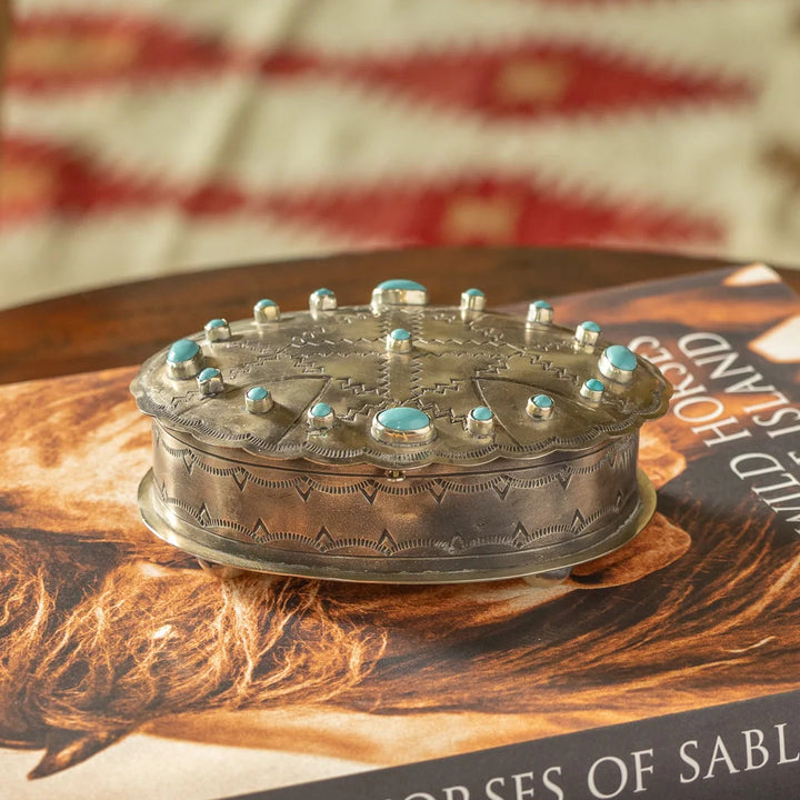 Oval Silver Stamped Box with Turquoise