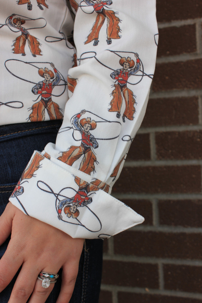 Roping Cowboy Print Pearl Snap Shirt
