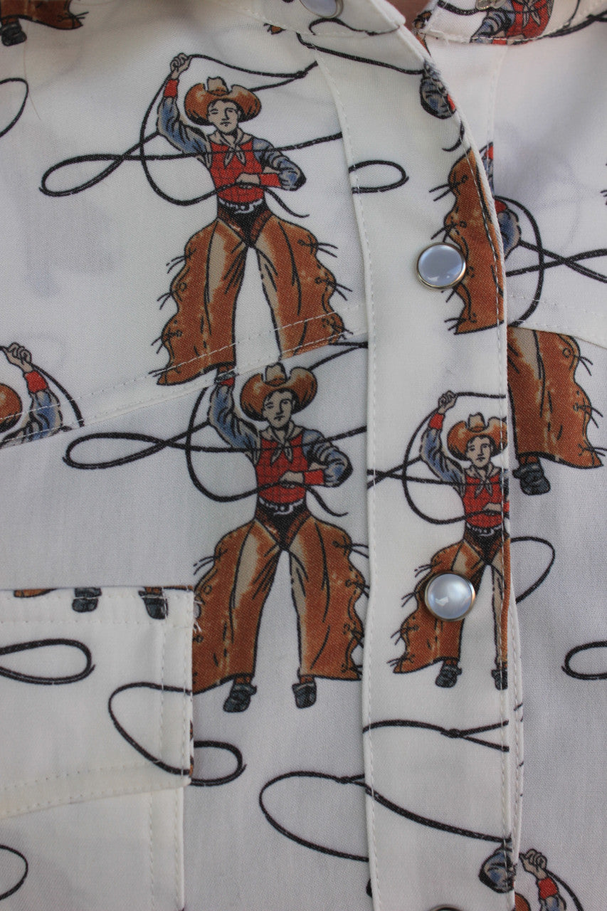 Roping Cowboy Print Pearl Snap Shirt