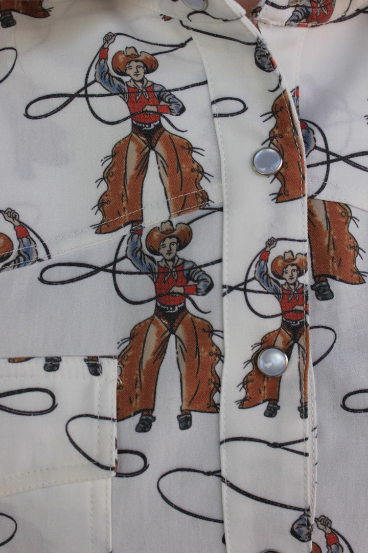 Roping Cowboy Print Pearl Snap Shirt