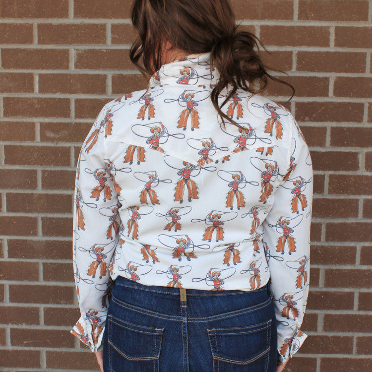 Roping Cowboy Print Pearl Snap Shirt