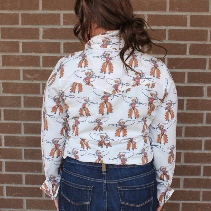 Roping Cowboy Print Pearl Snap Shirt