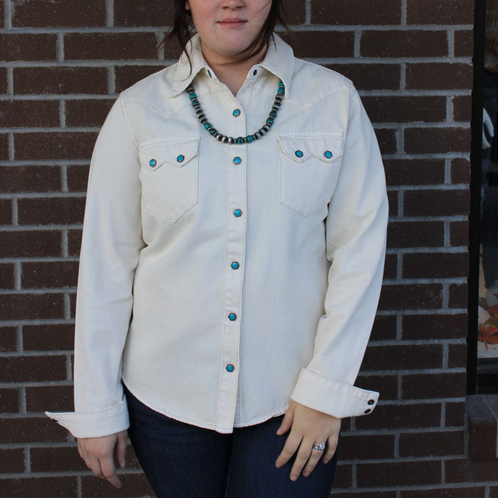 Turquoise Snap Western Denim Shirt - Cream