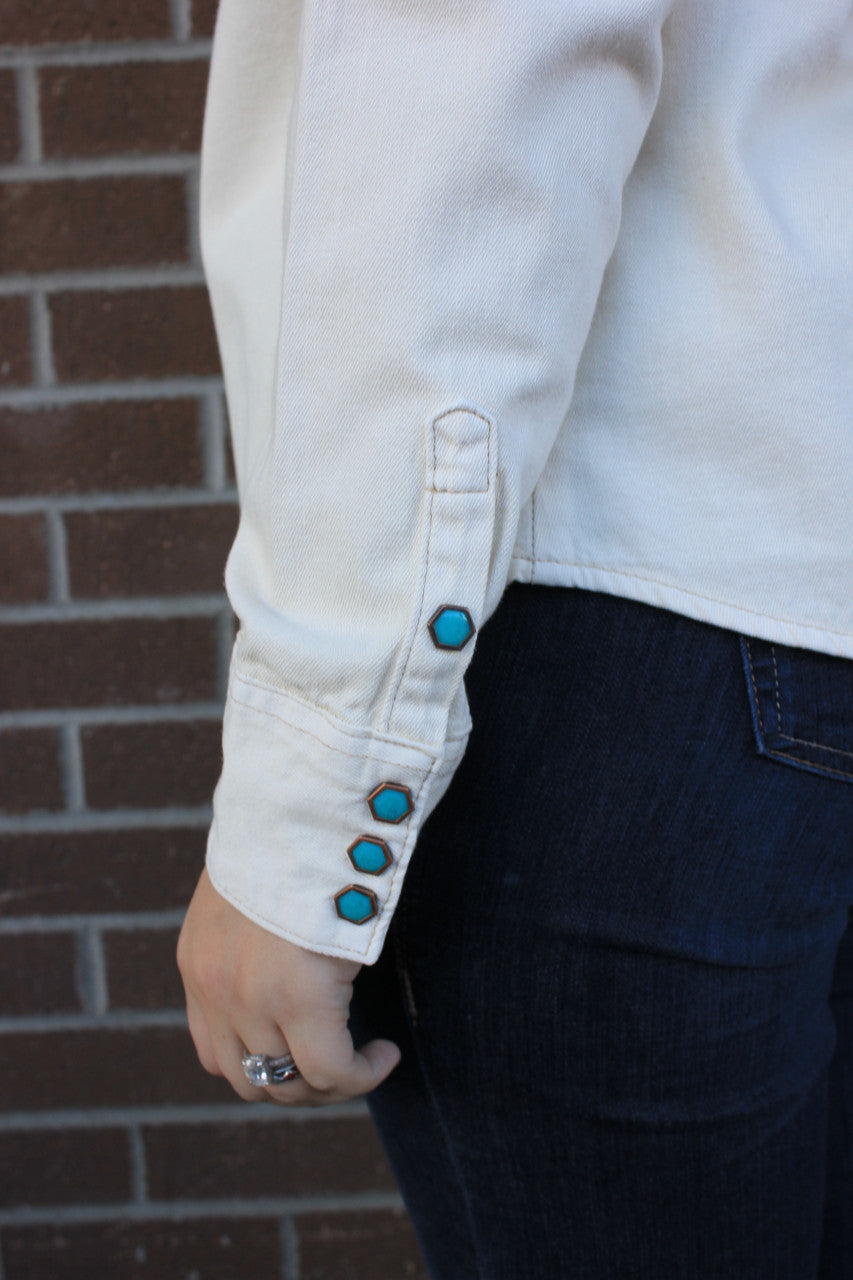 Turquoise Snap Western Denim Shirt - Cream