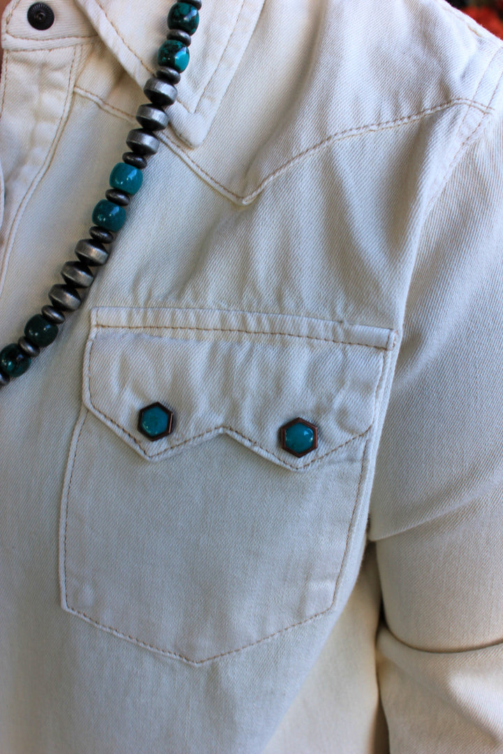 Turquoise Snap Western Denim Shirt - Cream