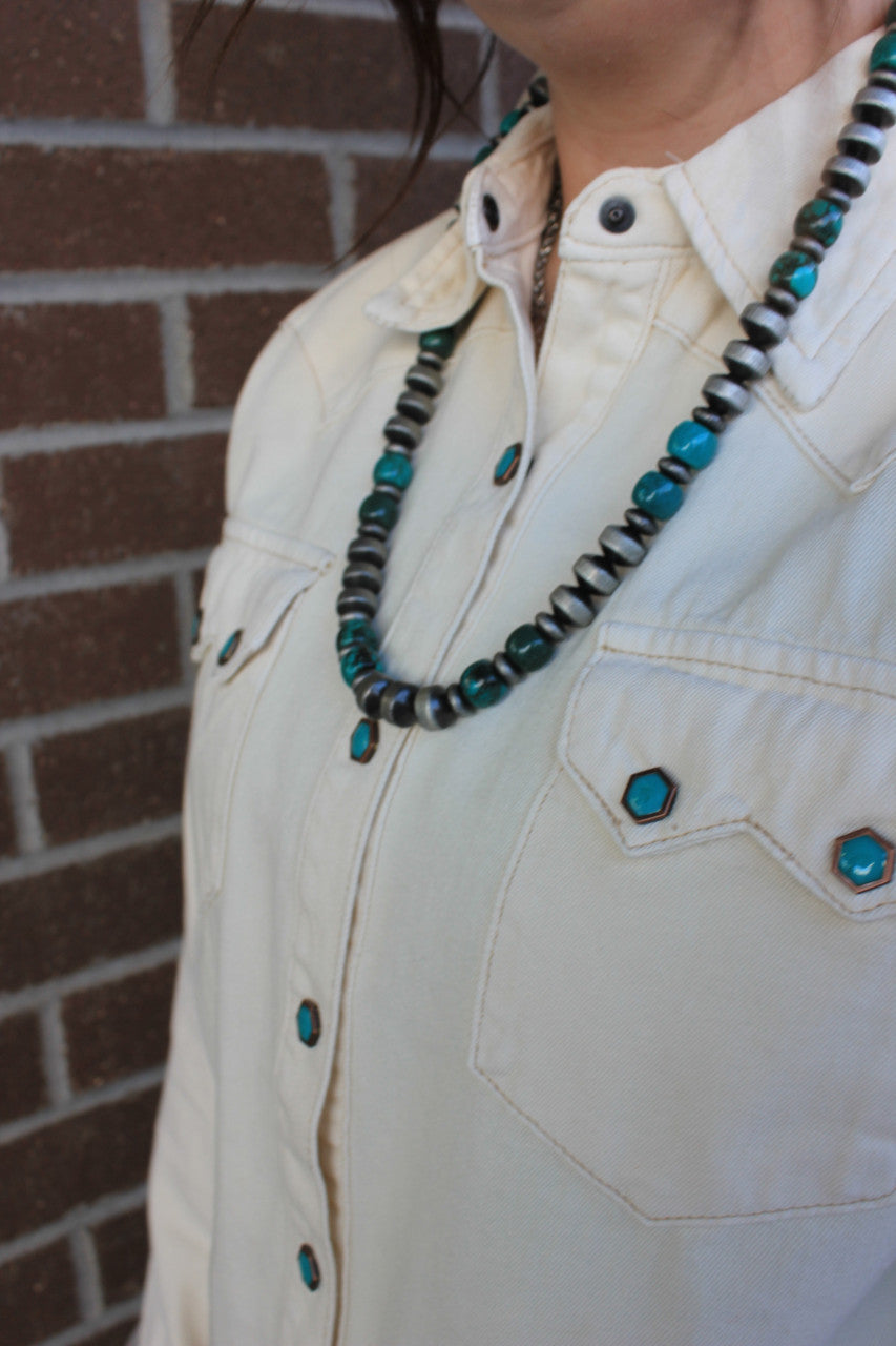 Turquoise Snap Western Denim Shirt - Cream