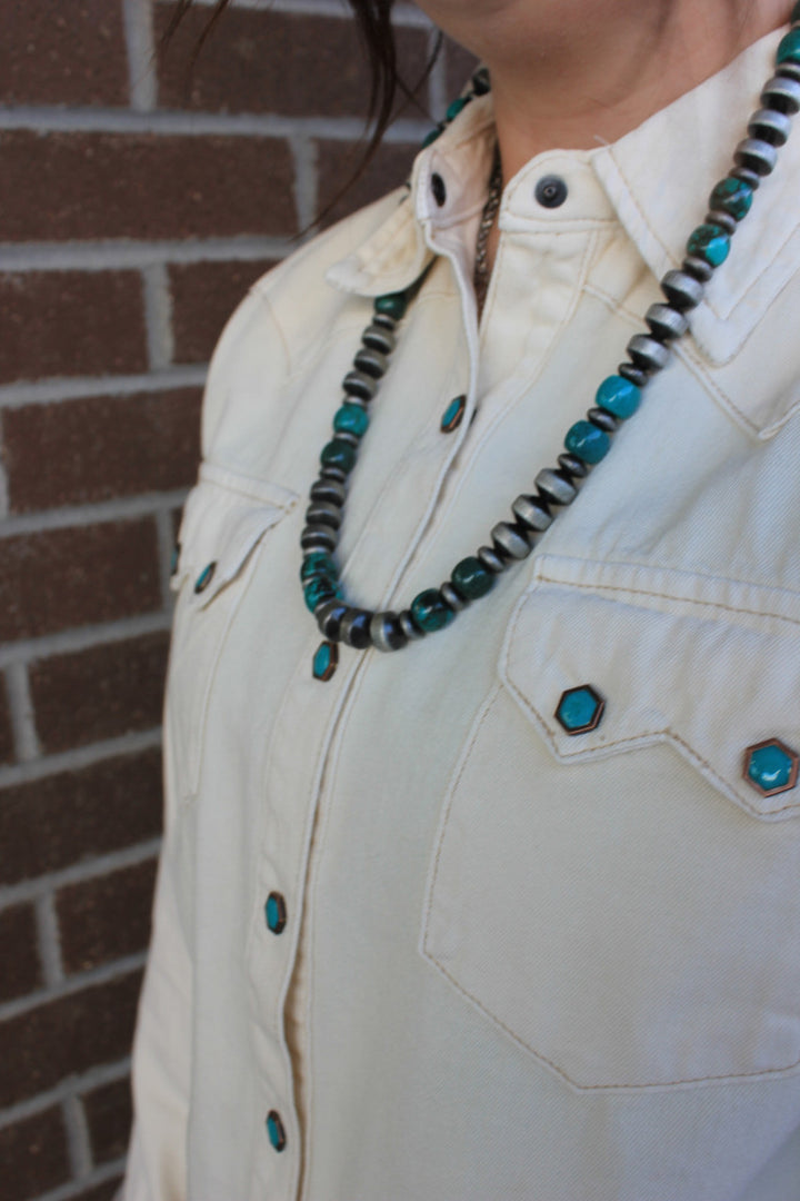 Turquoise Snap Western Denim Shirt - Cream