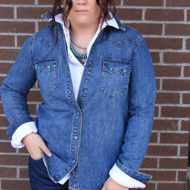 Women's Denim Western Shirt with Turquoise Snaps