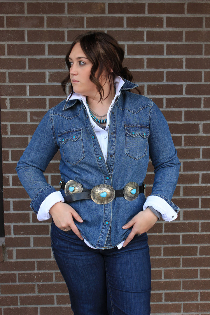 Women's Denim Western Shirt with Turquoise Snaps