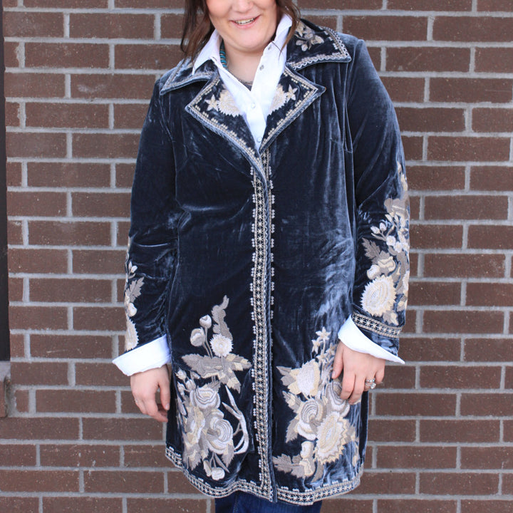 Velvet Coat with Embroidery - Seaweed